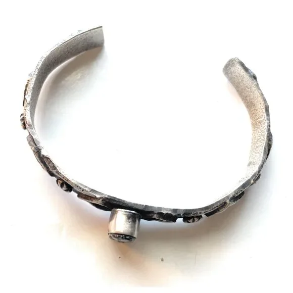 Navajo New Leander Turquoise & Sterling Silver Tufa Cast Cuff Bracelet Signed